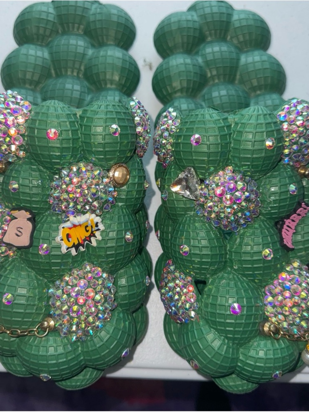 Green Bubble Platform Clogs with Rhinestone Charms